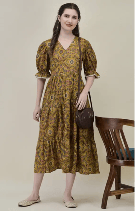 Gulzar Mustard Floral Cambric Cotton Midi Dress