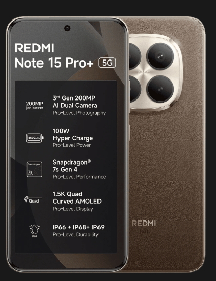 REDMI Note 15 Pro+ 5G (Coffee Mocha, 12GB+256GB) | 200MasterPixel OIS Camera | Snapdragon 7s Gen 4 | 17.3cm CrystalRes AMOLED Screen | IP66/68/69/69K | Mega 6500mAh Si/C Battery | 100W Hyper Charging
