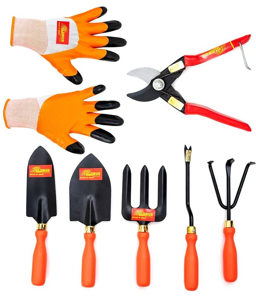 GLOBUS GARDEN TOOL SET/5 PCS ORANGE COLOUR PLASTIC HANDLE WITH ORANGE GARDEN GLOVES AND GERMAN PRUNER.