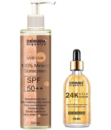Donnara Organics 100% Mineral Suncreen Cream UVB & UVA Protection with SPF 50++ 100ml & 24K Gold Face Serum 30ml - Combo of 2 Items