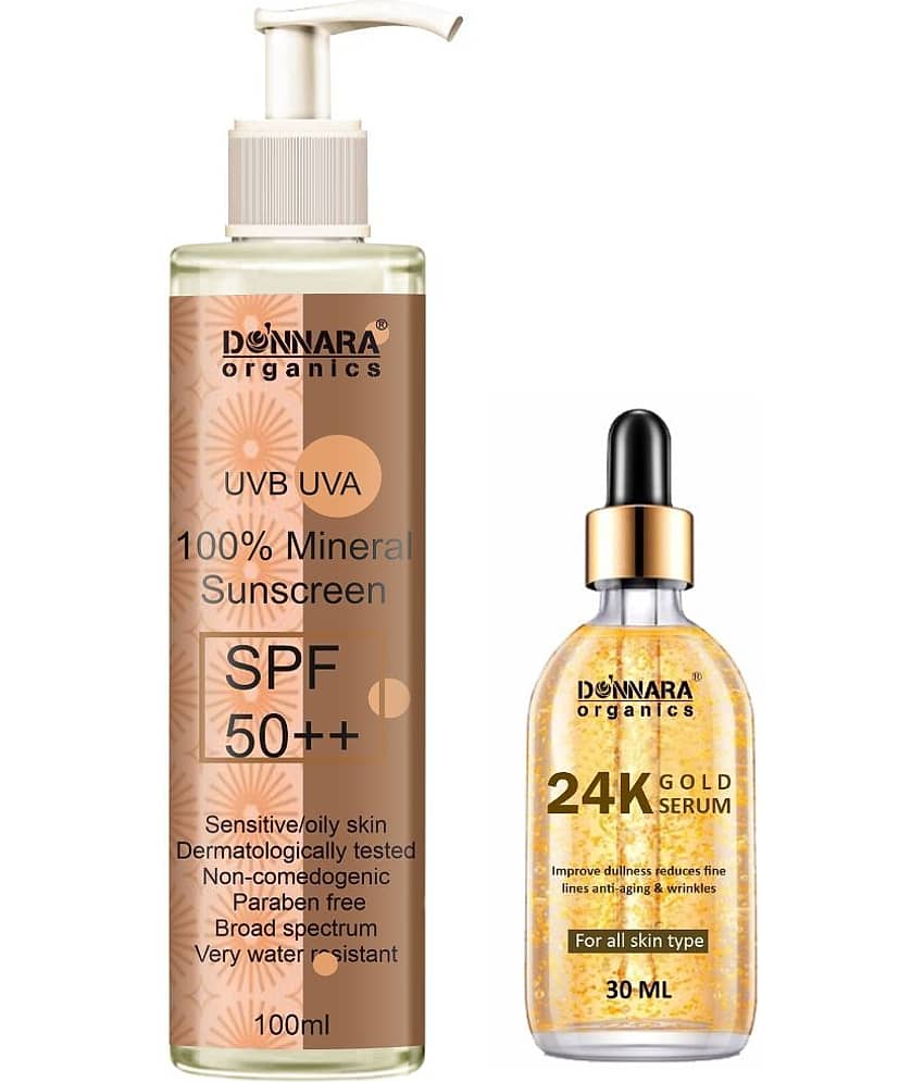 Donnara Organics 100% Mineral Suncreen Cream UVB & UVA Protection with SPF 50++ 100ml & 24K Gold Face Serum 30ml - Combo of 2 Items