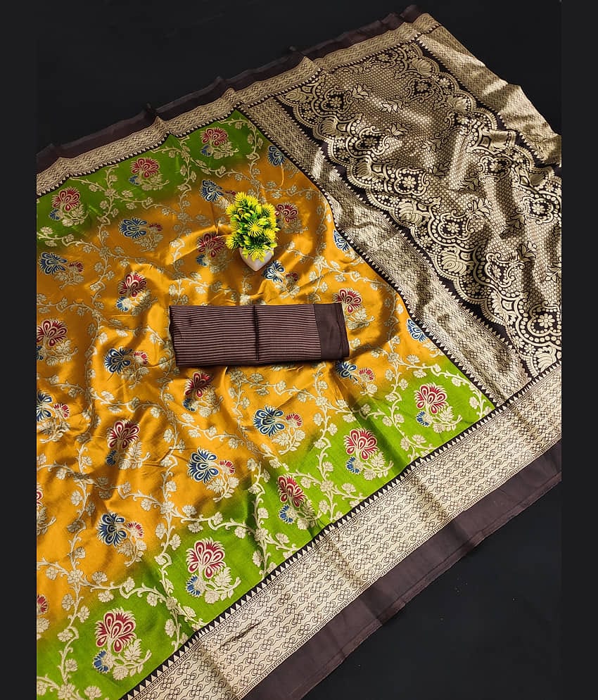 Kanooda Prints Art Silk Printed Saree With Unstitched Blouse Piece ( Yellow )