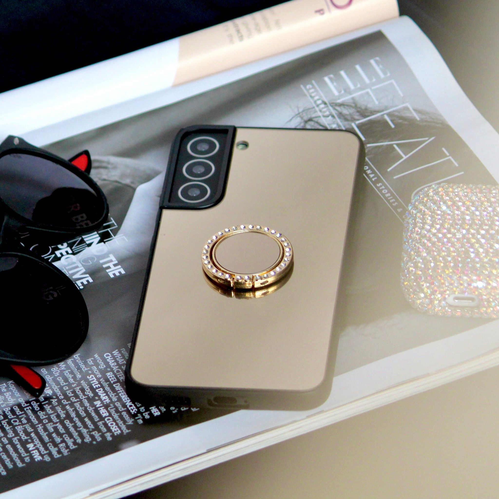 Gold Mirror Rhinestones Ring Holder Luxury Cover-Samsung Galaxy S21 Ultra