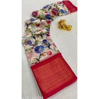 Red Colour Flower Printed Cotton Saree With Blouse Piece