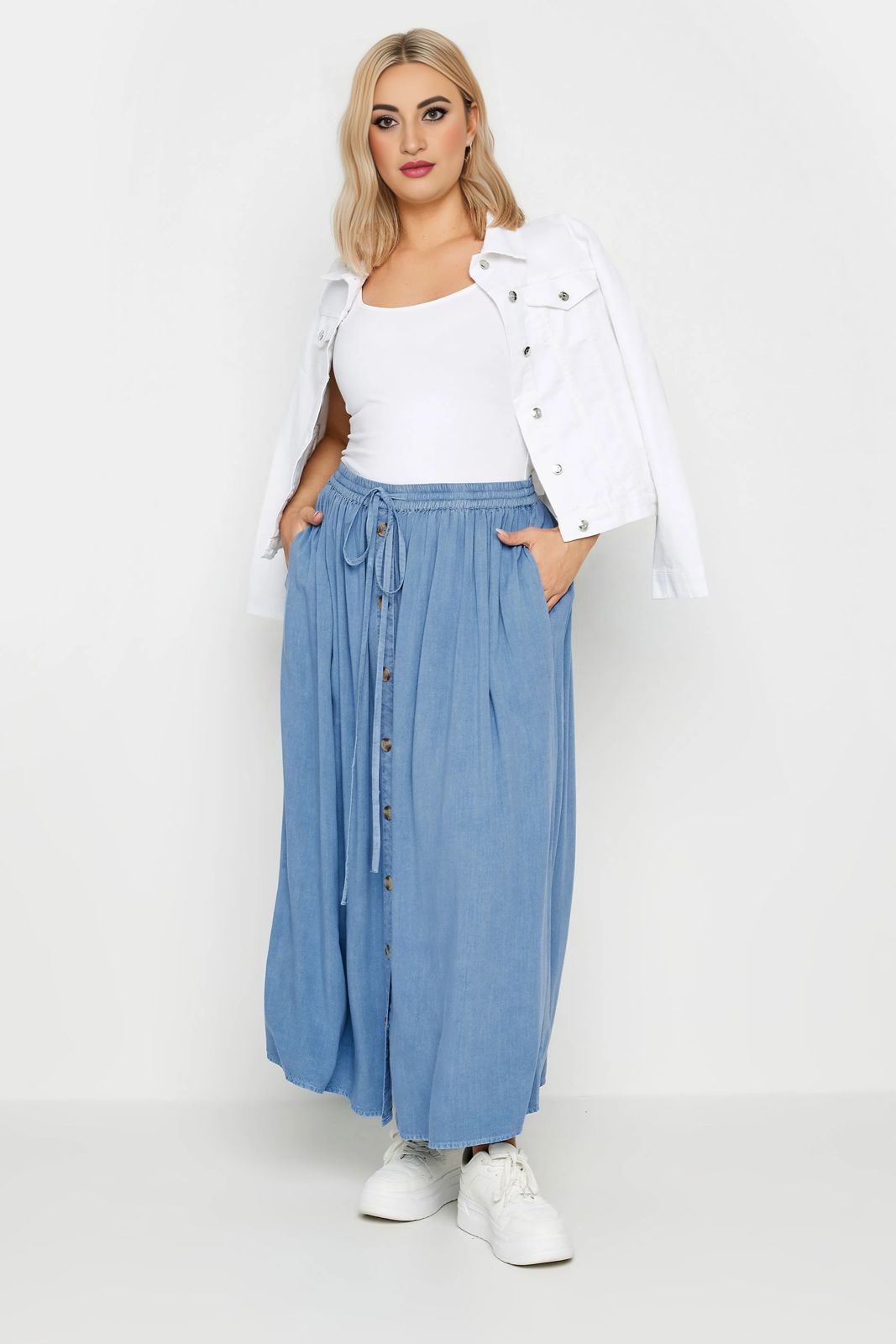 Denim Button Down Skirt-L / Blue