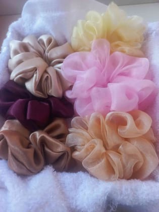 Silk Scrunchies Set, 6 Pack, Pastel and Neutral Colours Regular Size Hair Ties Silk Scrunchies Set, 6 Pack, Pastel and Neutral Colours Regular Size Hair Ties