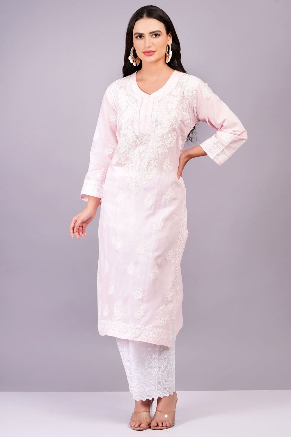 MRS RIGHT CHIKANKARI EMBROIDERED PREMIUM COTTON KURTI PALAZZO SET FOR WOMEN AND GIRLS