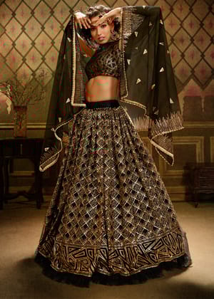 “Exclusive Offer” : Golden Black Designer Sequins Embroidered Lehenga