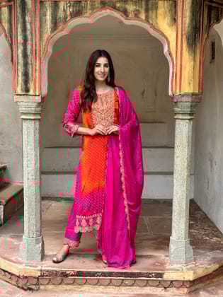 Pink Flat Chinnon Chiffon Bandhani Suit with heavy Embroidery Yoke-M