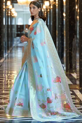 Light Sky Blue Banarasi Linen Saree