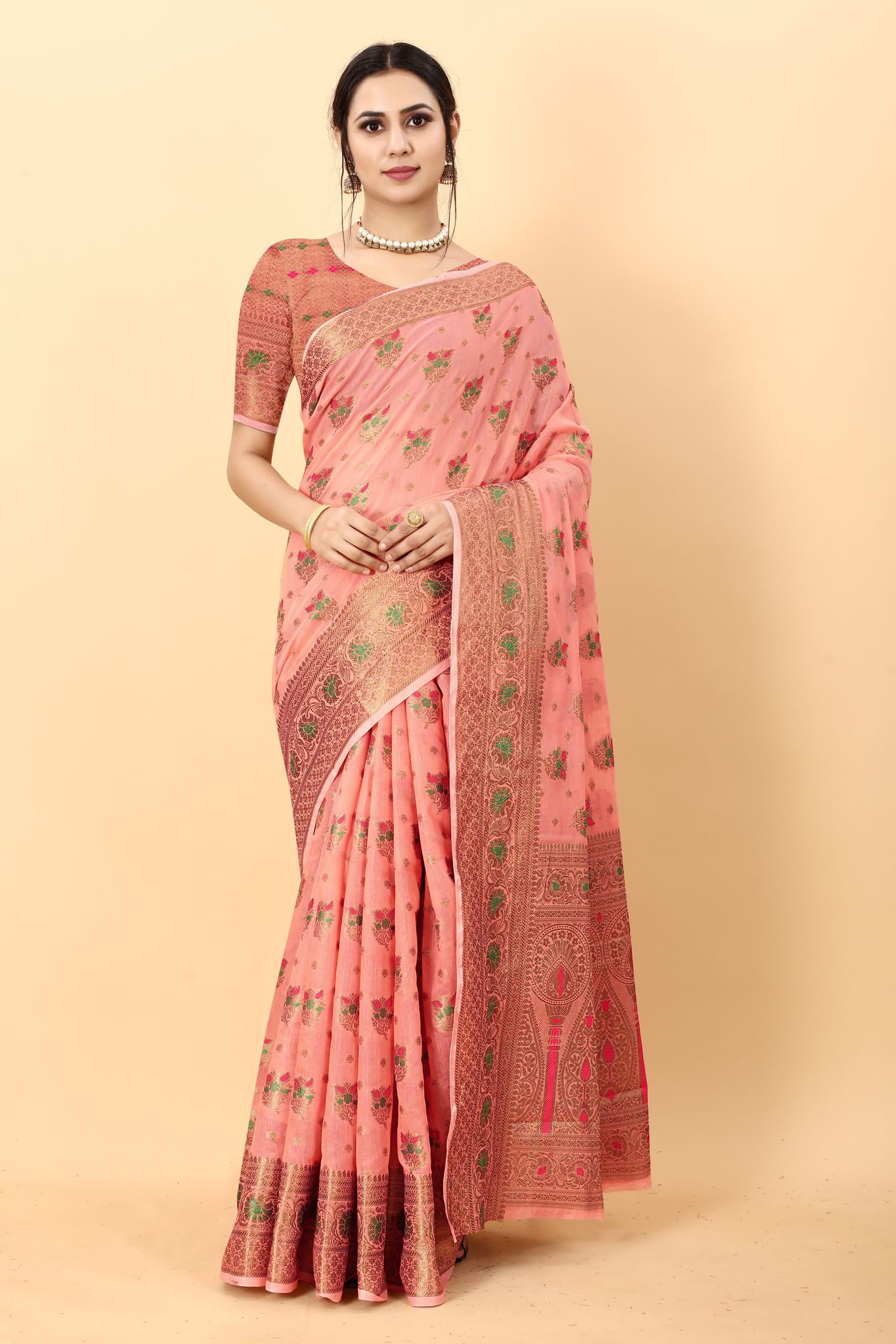 Yavira silk Women's Pink Handwoven Chanderi Saree