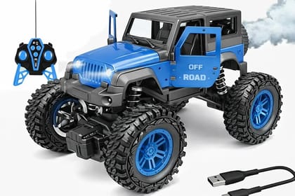 Remote Control Thar Rock Climbing Car for Kids | Rechargeable Off Road Jeep Toy with Mist Spray Lights Music | 4x4 RC Stunt Vehicle Gift for Boys Girls Outdoor Play (Blue)