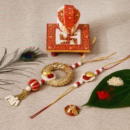 Designer Bhaiya Bhabhi Rakhi with Ridhi Sidhi Marble chowki and Roli Tikka Matki