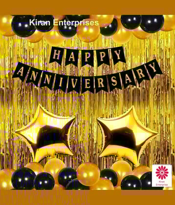 Kiran Enterprises Happy Anniversary Banner ( Black )+ 2 Star Foil ( Gold ) + 2 Fringe Curtain ( Gold ) + 30 Metallic Balloon ( Black, Gold )