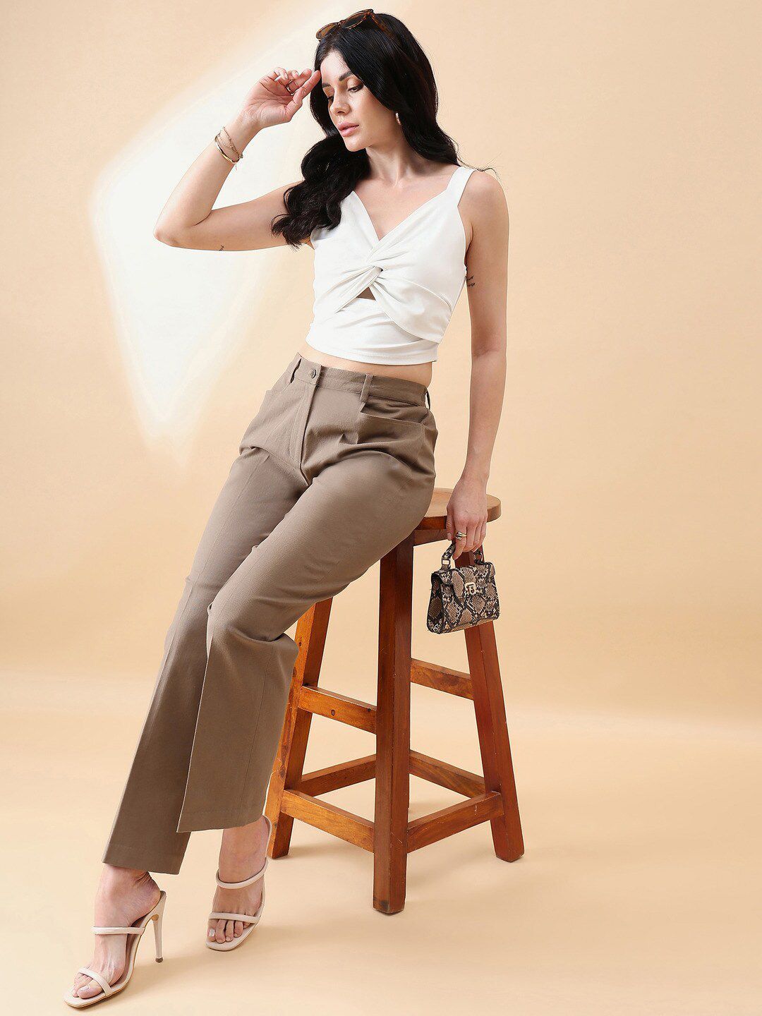 Stretch Mid Waist Straight Trouser - Slate Brown-3XL
