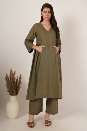 Army Green Kurta Co-Ord Set Of 2-S
