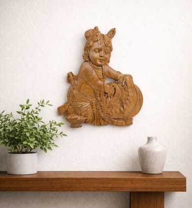 Hand-Carved Wooden Bal Krishna with Makhan Matki Wall Hanging ( medium size  )