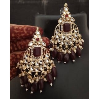 Real CZ Wine Monalisa Stones Precious Pearls Chandbali Earrings Set