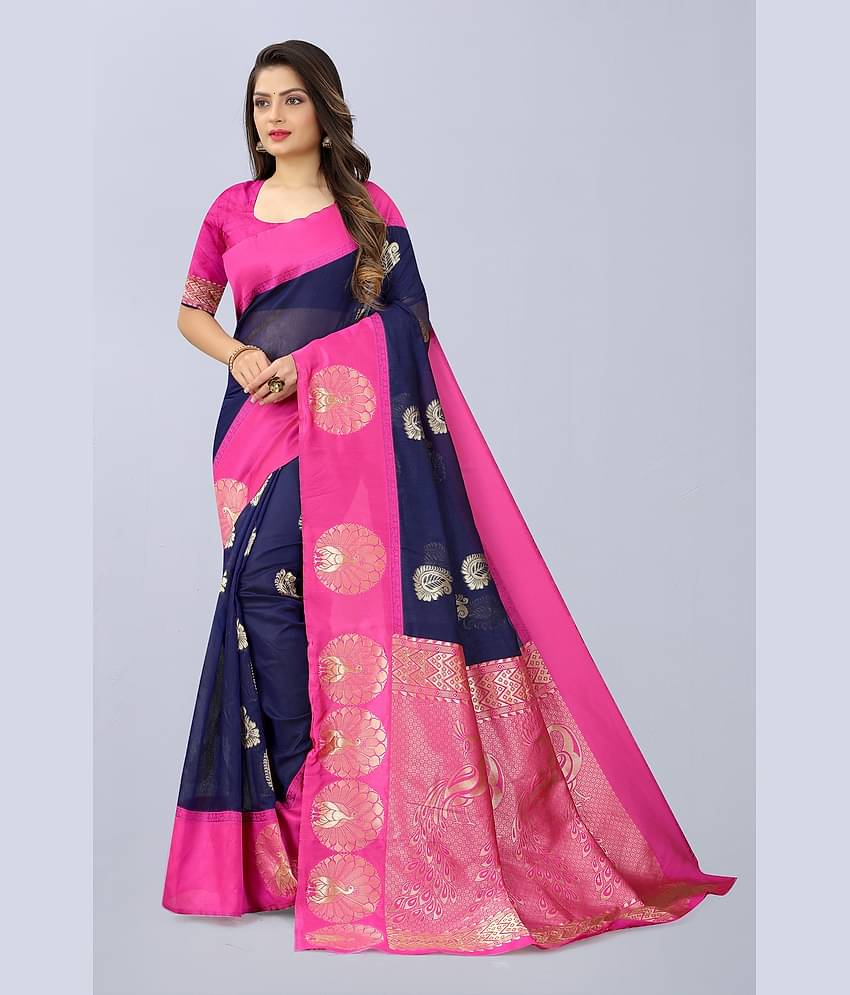 NENCY FASHION Cotton Embellished Saree With Unstitched Blouse Piece ( Rani )