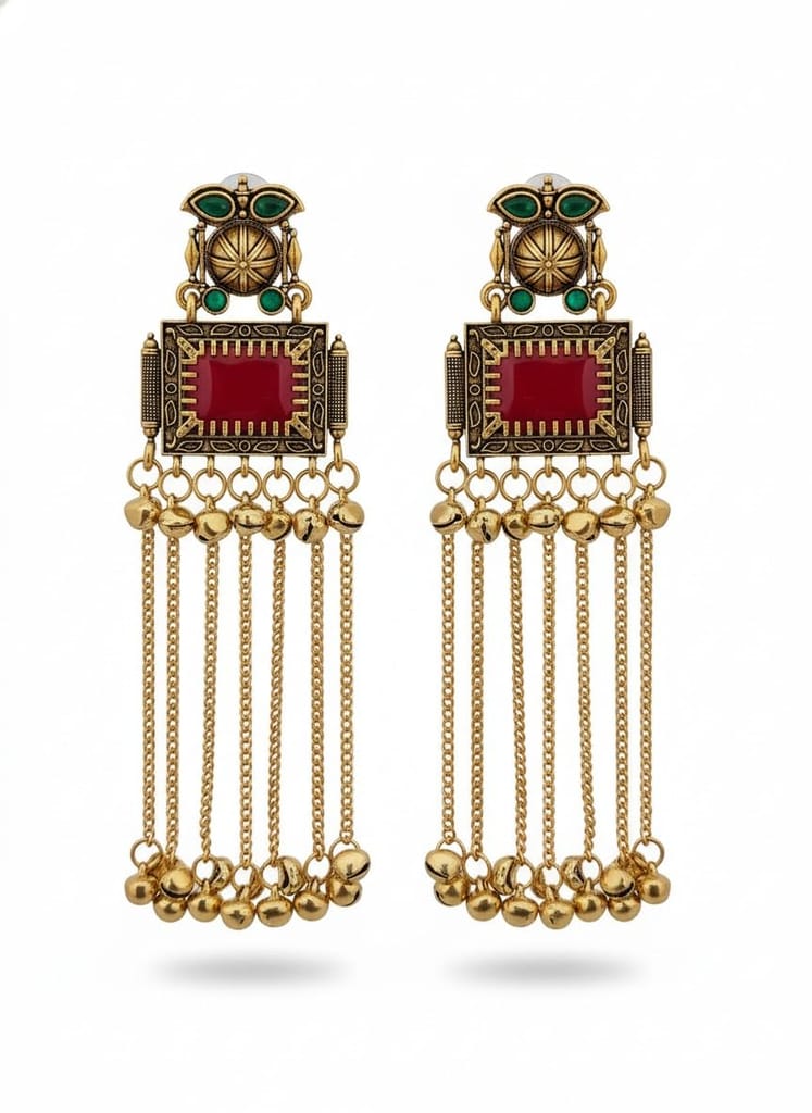 Gold Plated - Traditional Jhumka Earrings for Women | Antique Temple Design Long Dangler Earrings