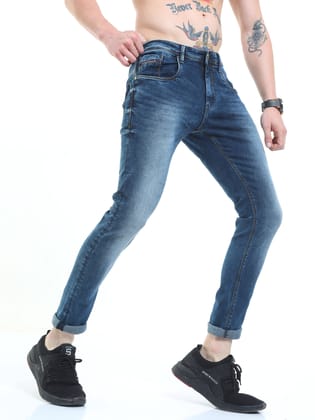 Men's Knitted Blue Shaded Ankle Length Skinny Fit Jeans | Rick Rogue-30
