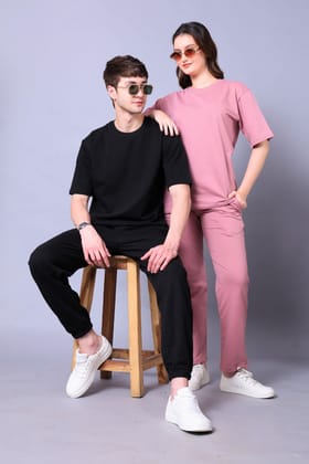 Fuchsia Pink & Black Couple Co-Ord Set With Joggers (Pack of 2)