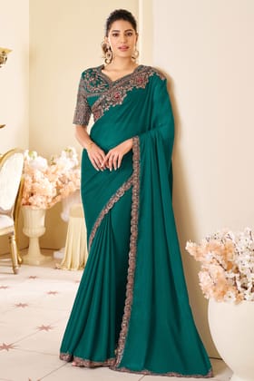 Teal Blue Embroidered Shimmer Georgette Saree