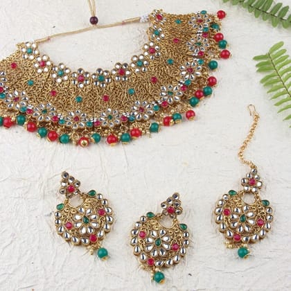Brass Gold-Toned Red Kundan Jadau Choker Set