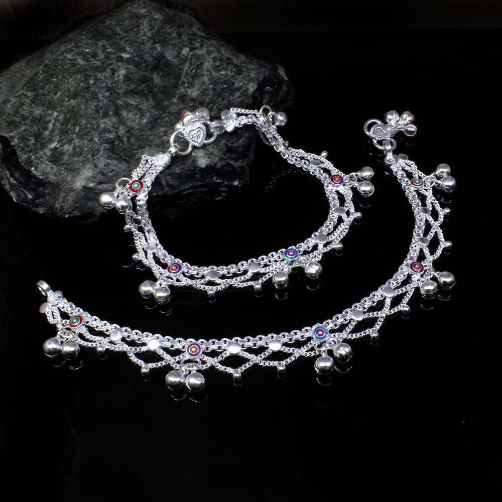 Cute 925 Solid Silver Jewelry Kids Anklets chain Indian Style baby Bracelet 7.3"