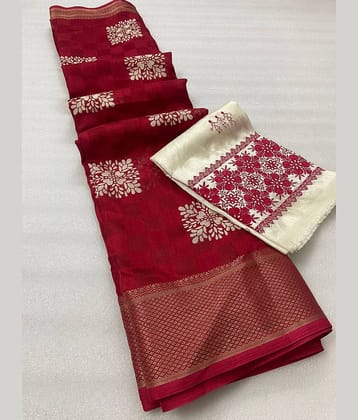 Bhuwal Fashion Jute Embellished Saree With Unstitched Blouse Piece ( Red )