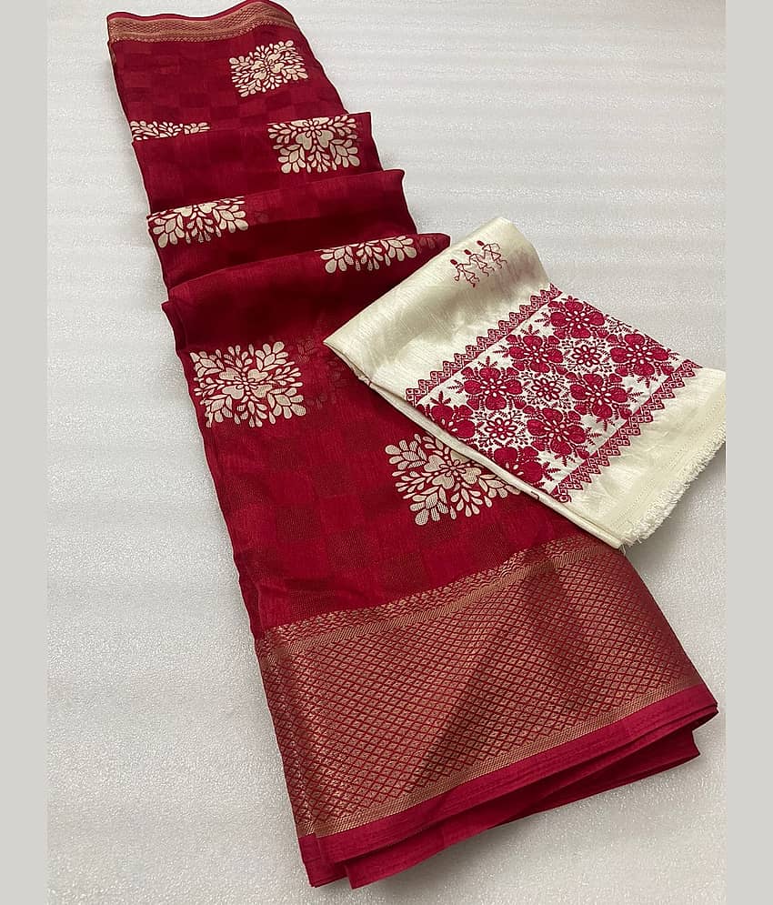 Bhuwal Fashion Jute Embellished Saree With Unstitched Blouse Piece ( Red )