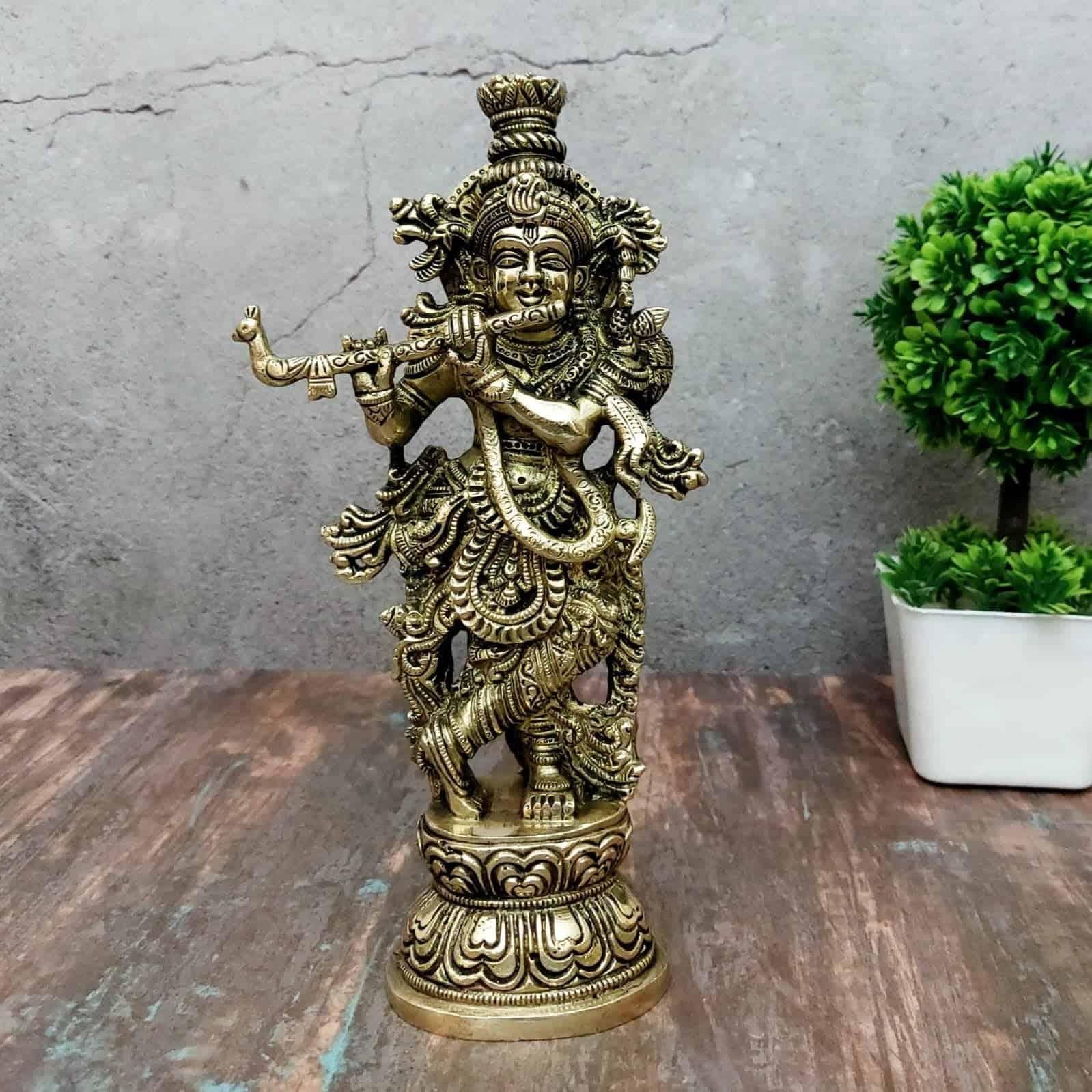Brass Super Fine Krishna Idol - 9.5 inch Height | Exquisite Brass Krishna Statue with Fine Craftsmanship