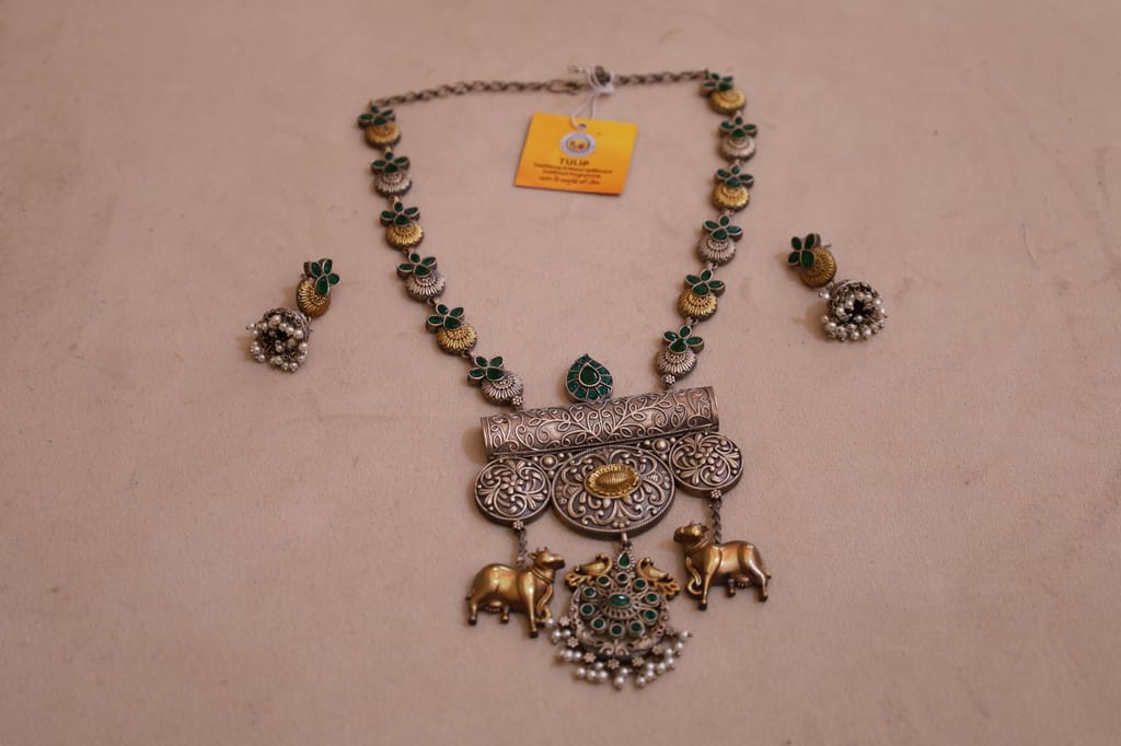 Antique Style Necklace with Green Stones, Silver-Gold Dual Tone, Elephant Charms and Pearl Clusters