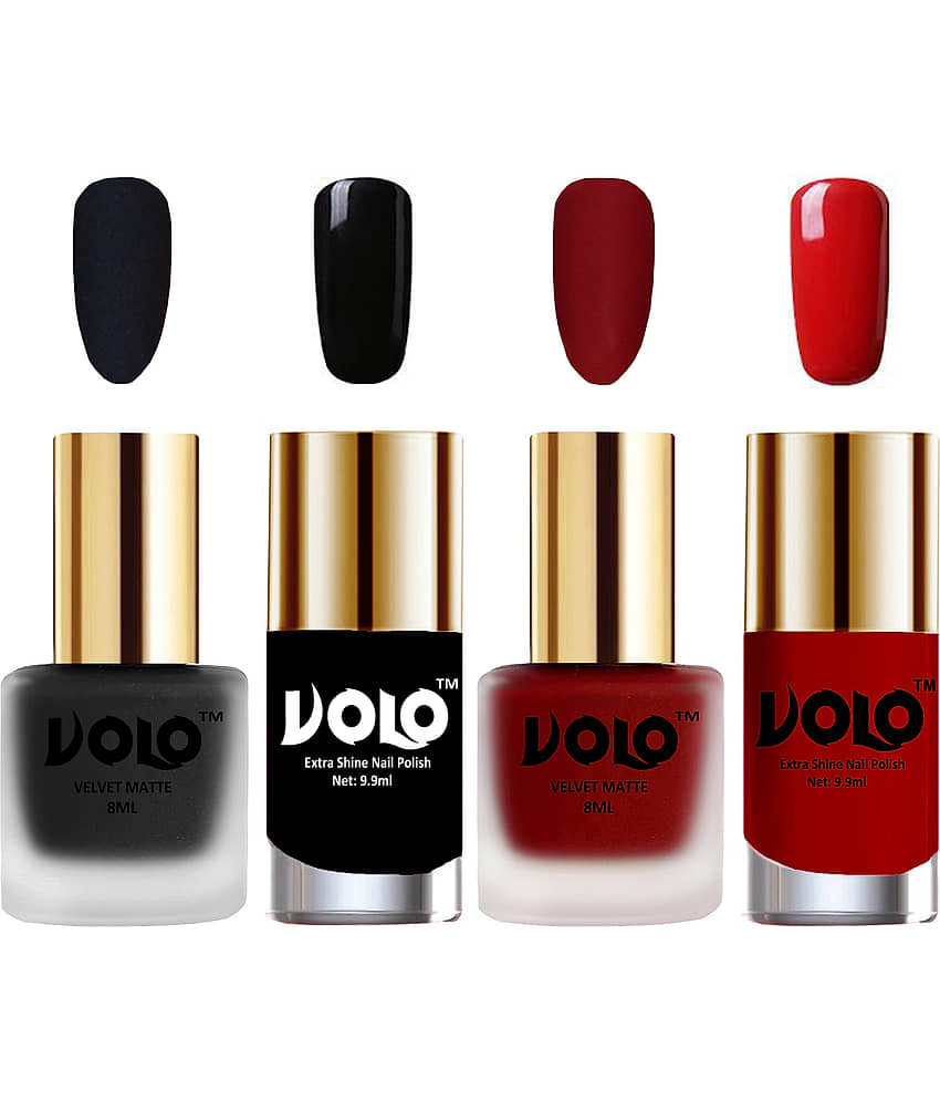 VOLO Extra Shine AND Dull Velvet Matte Nail Polish Black,Red,Black, Red Matte Pack of 4 36 mL