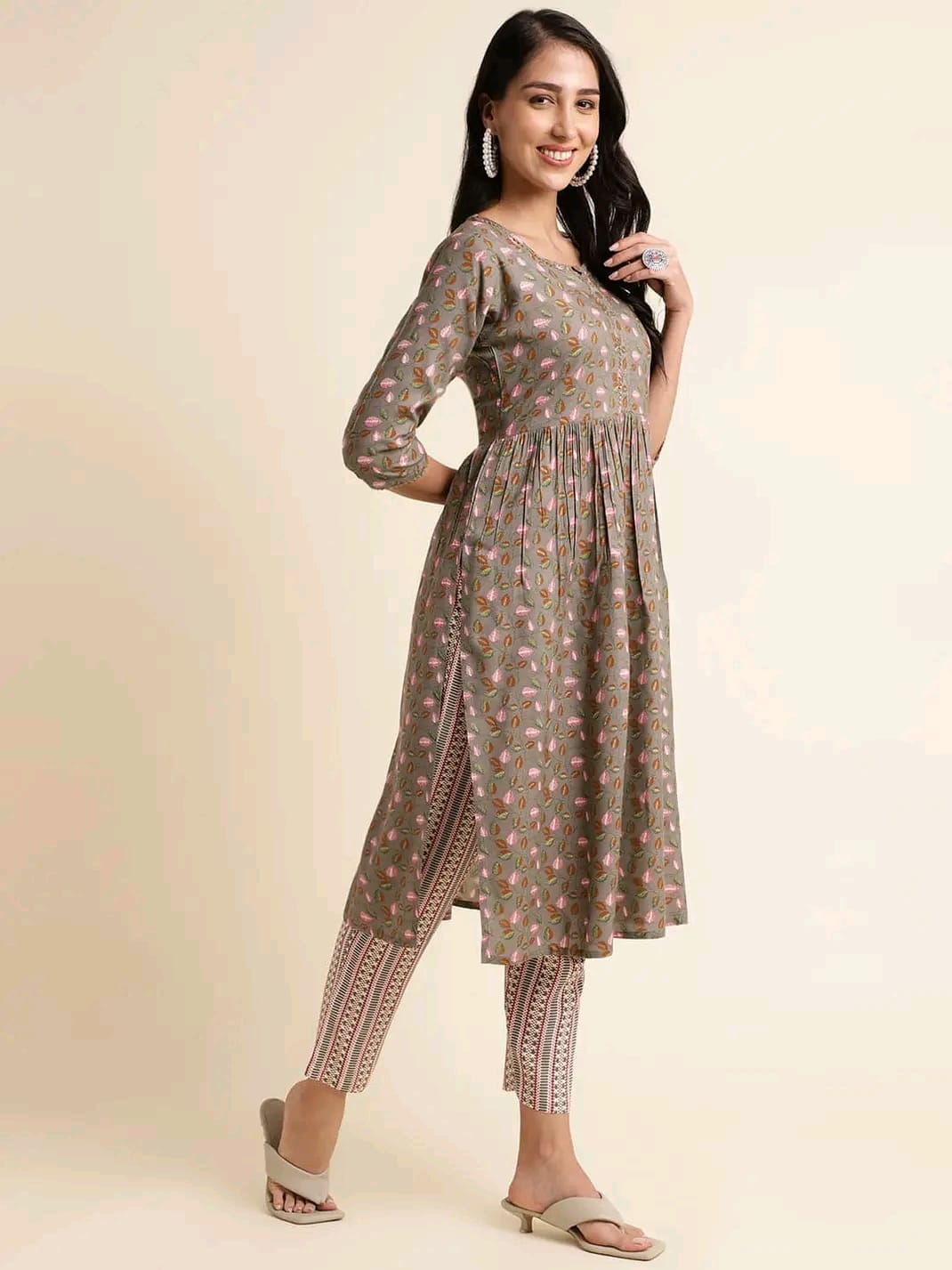 Reyon Gold Foil Printed Flared Designer Kurti Set