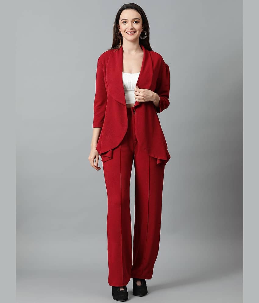 kotty Women Solid Blazer With Trousers Co-Ord Set ( Maroon )