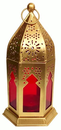 Brown Moroccan Hanging Or Table Lamp For Candles, Tea Lights Or Diyas Alloy Metal Frame With Red Translucent Sides, Vintage Gold, Medium (12736C)