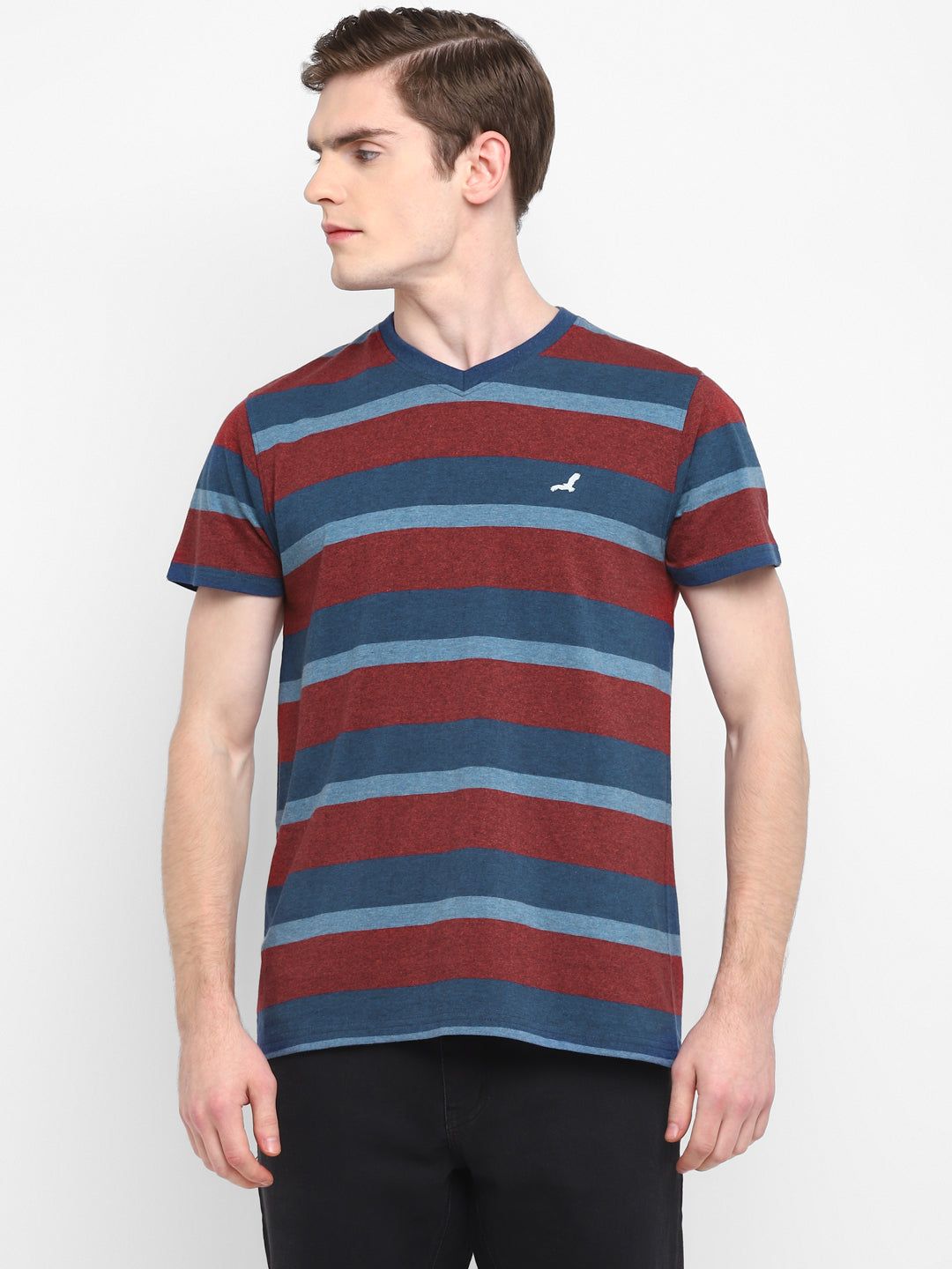 Premium Basics - 100% Cotton Striped V Neck T-Shirt For Men - Blue & Red-XL / Blue & Red