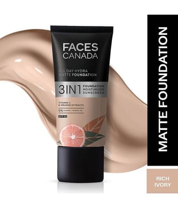 FACES CANADA All Day Hydra Matte Foundation , 3 in 1 Foundation + Moisturizer + SPF 30 , Caramel Natural 023, 30ml