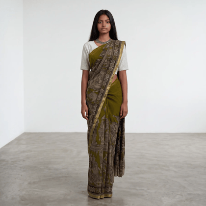 Pedana Kalamkari Print Cotton Saree Mehendi Green
