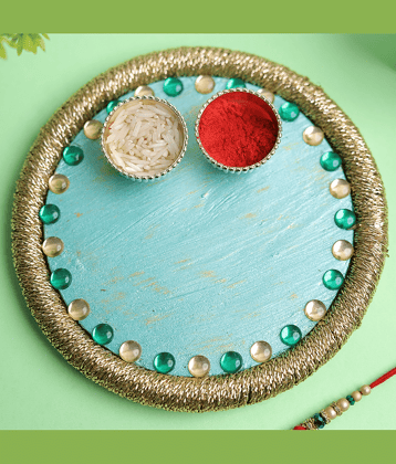 Ros - Wood Pooja Thali With Roli Chawal - 14 Cm