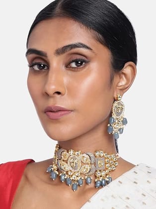 Gold Toned Kundan and Gray Enamel Jewelry Set
