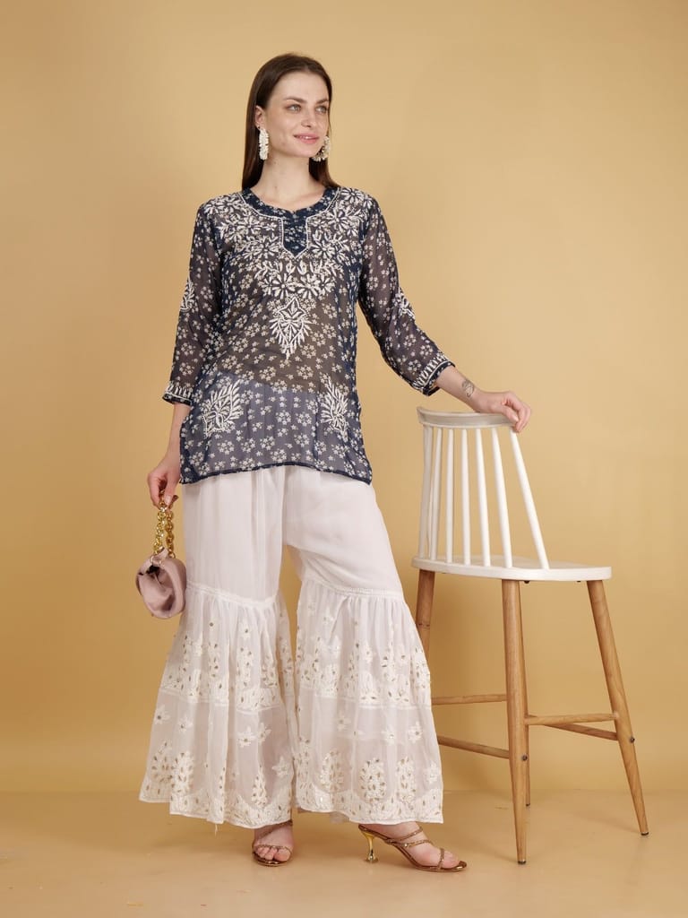 Hand Embroided Lucknow Chikankar Short Straight Georgette Kurta