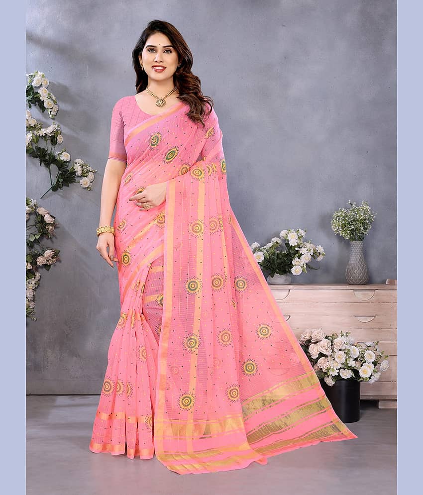 Sidhidata Cotton Printed Kota Doria Saree With Unstitched Blouse Piece ( Pink )