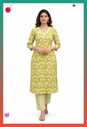 Women Mustard Floral Printed Kurti with Pant | Cotton Blend Ethnic Set | 3/4 Sleeve Daily Wear Kurta Set