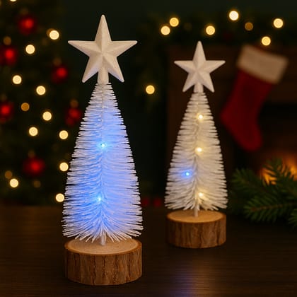 Mini White LED Christmas Tree with Wooden Base Set of 2 Mini White LED Christmas Tree with Wooden Base Set of 2