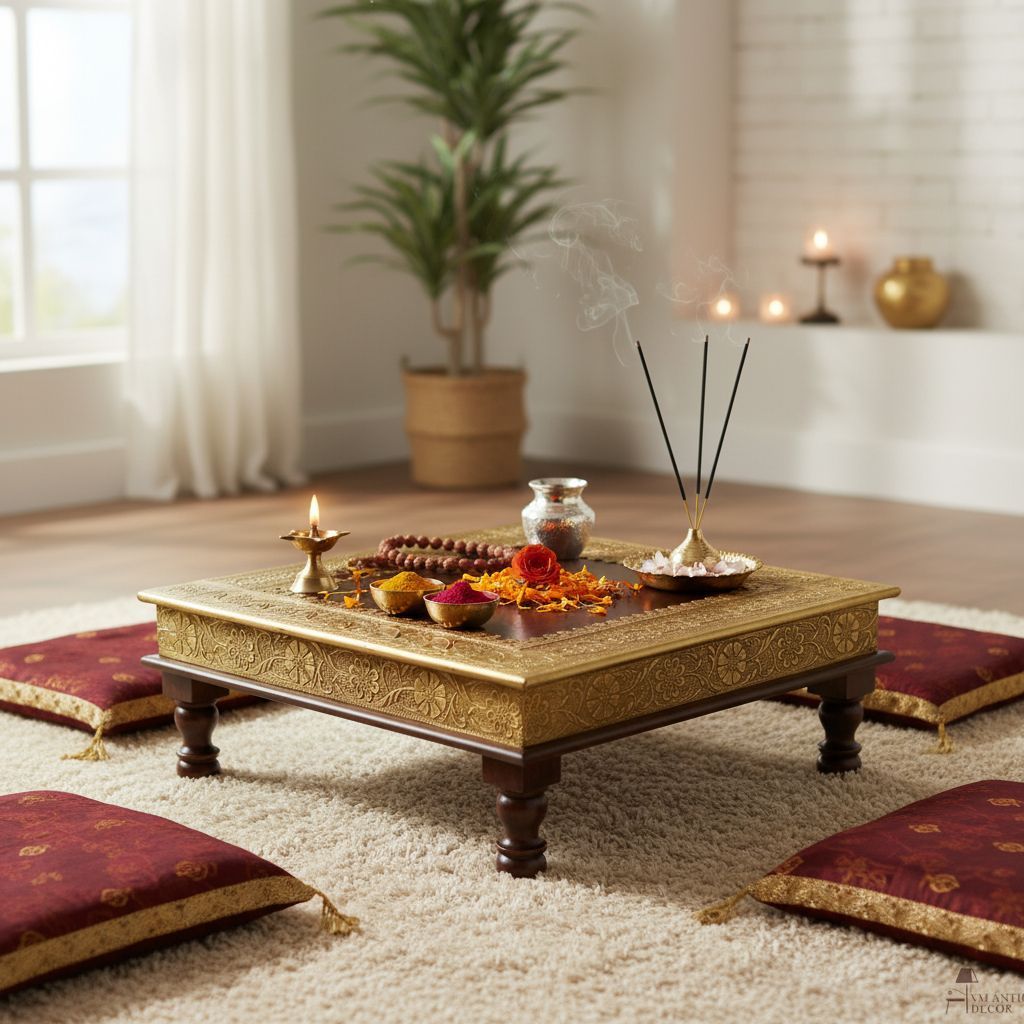 Wonderful Wooden Brass Table | Brown Natural Indian Side Chowki Table
