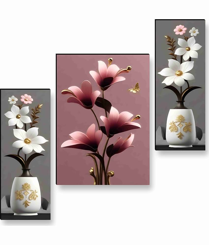 SAF Elegant Floral Vase Wall Art – 3 Panel Modern Flower Painting with Golden Accents & 3D Effect for Bedroom or Living Room Décor 12 Inch x 20 Inch