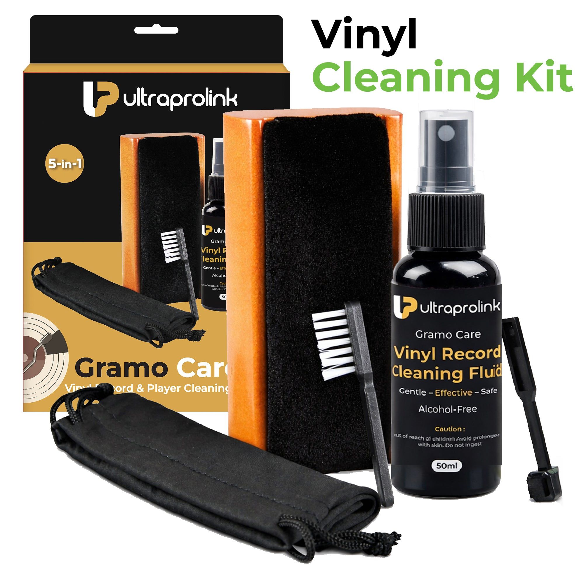 Vinyl Records Care Kit - Vevet brush with wooden handle, 50ml cleaning solution, stylus brushes & carry pouch GK1250
