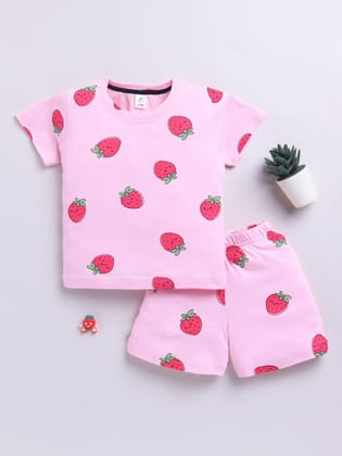 Pink Strawberry Half Sleeves Co-ord Set-6-9 m